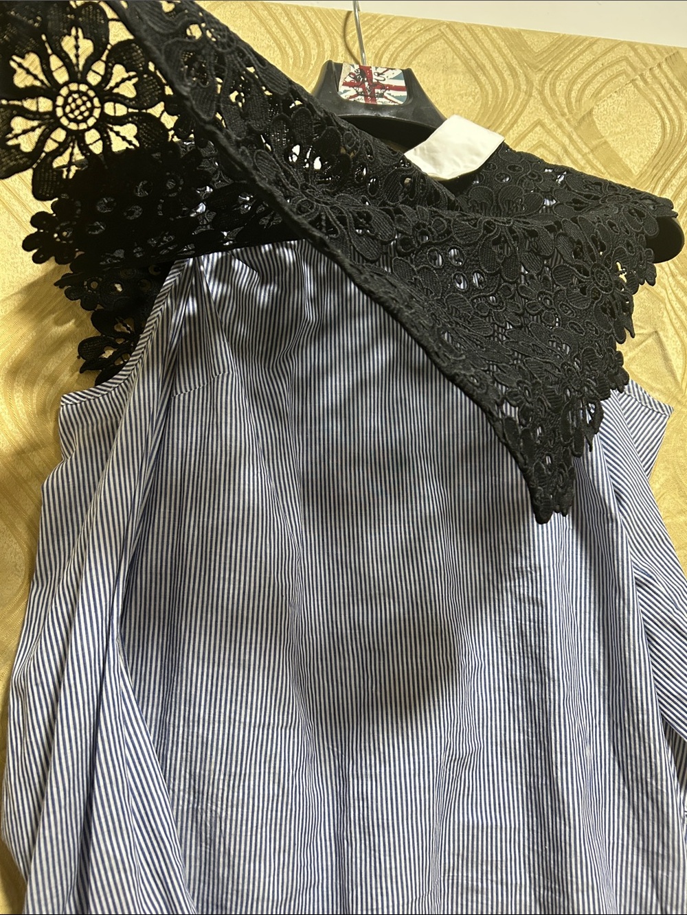 Women’s Striped Button-Down Shirt with Black Lace Bib Collar - Picture 3 of 6